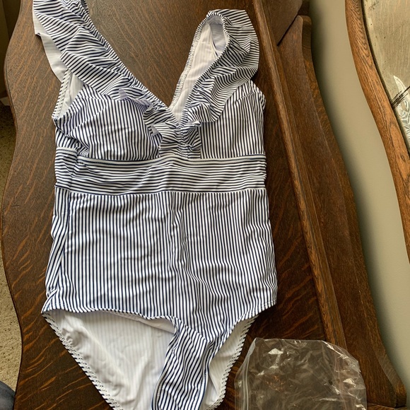 Blue & White Striped Bathing Suit - Picture 1 of 6